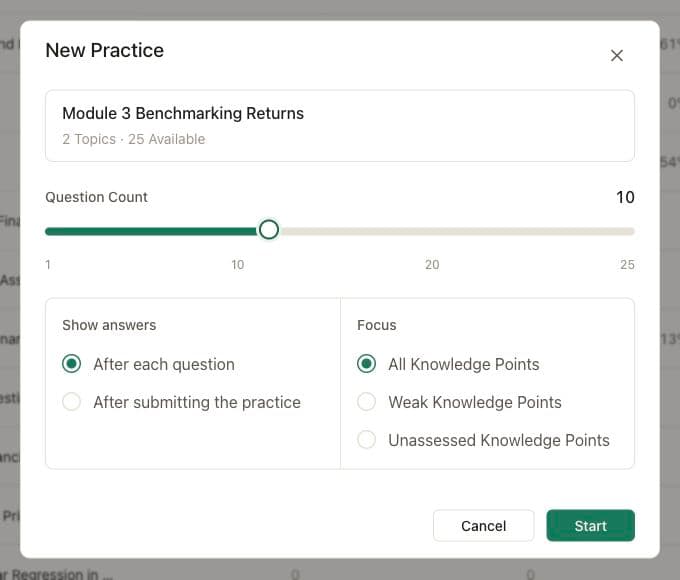 Quizara Practice builder with question count, answer timing, and focus controls
